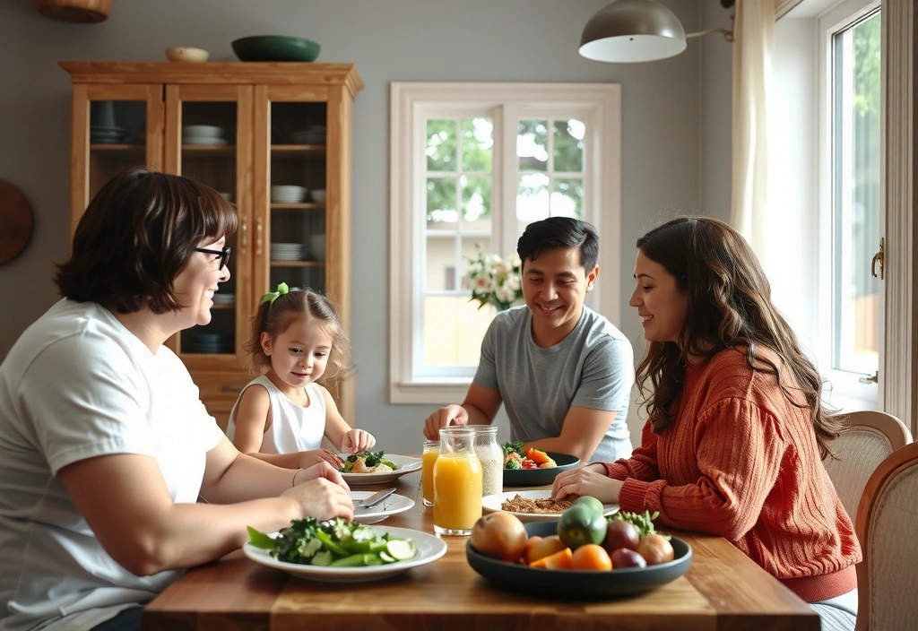 Šťastná rodina jí zdravé jídlo