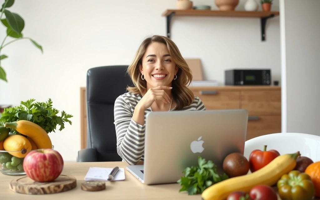 Ilustrace nutričního specialisty připravujícího se na online konzultaci s klientem.