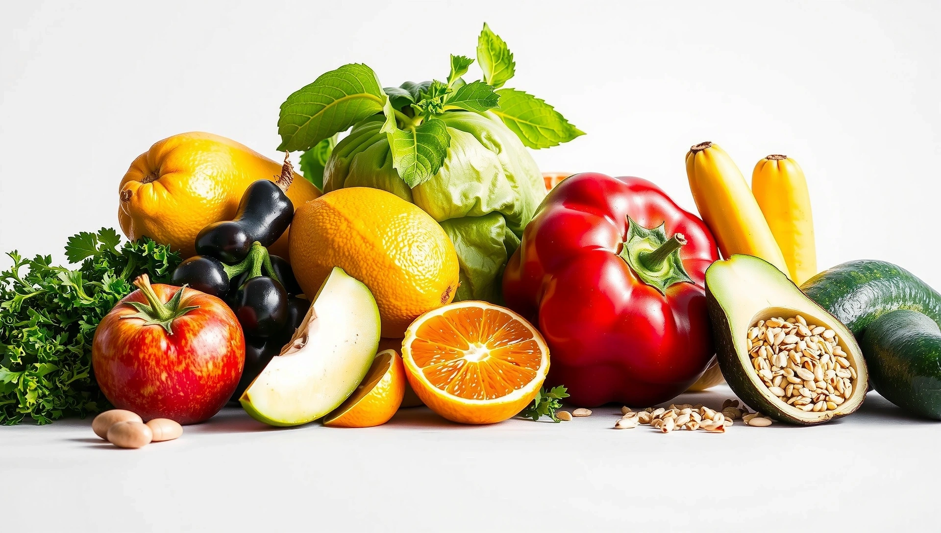 Esteticky uspořádané čerstvé ovoce, zelenina a obiloviny na světlém pozadí, symbolizující zdraví a pohodu.