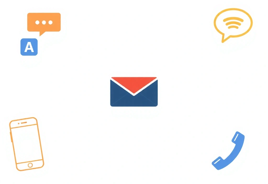Minimalist communication elements like an envelope, phone icon, or speech bubble