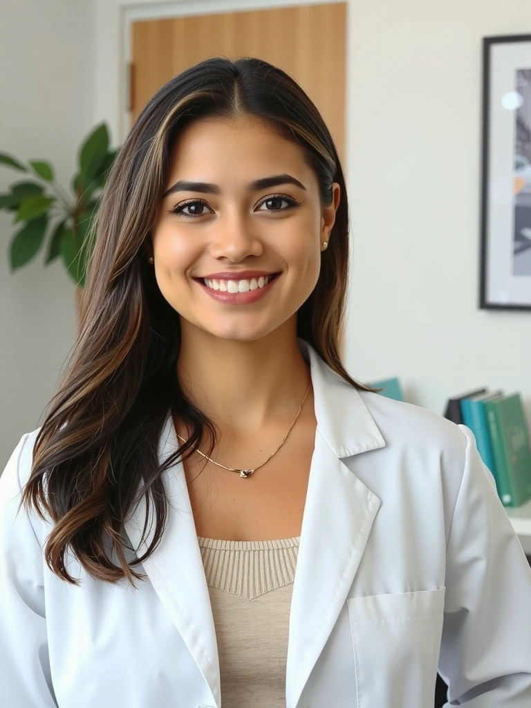 Professional, friendly portrait of a nutritionist in a clean, modern setting.