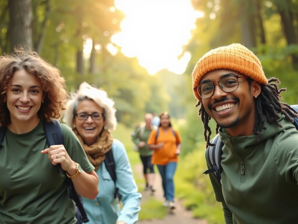 Skupina šťastných a zdravých lidí různých věkových kategorií v přírodě