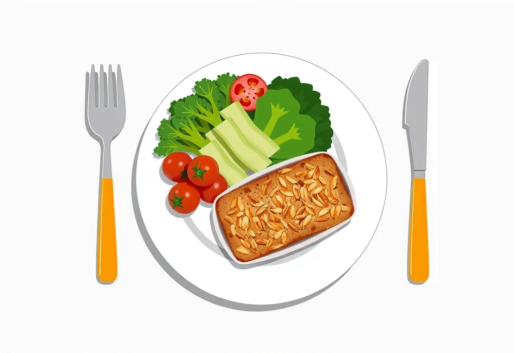 Ilustrace talíře s vyváženým jídlem pro hubnutí, s čerstvou zeleninou, libovým masem a celozrnnými obilovinami.