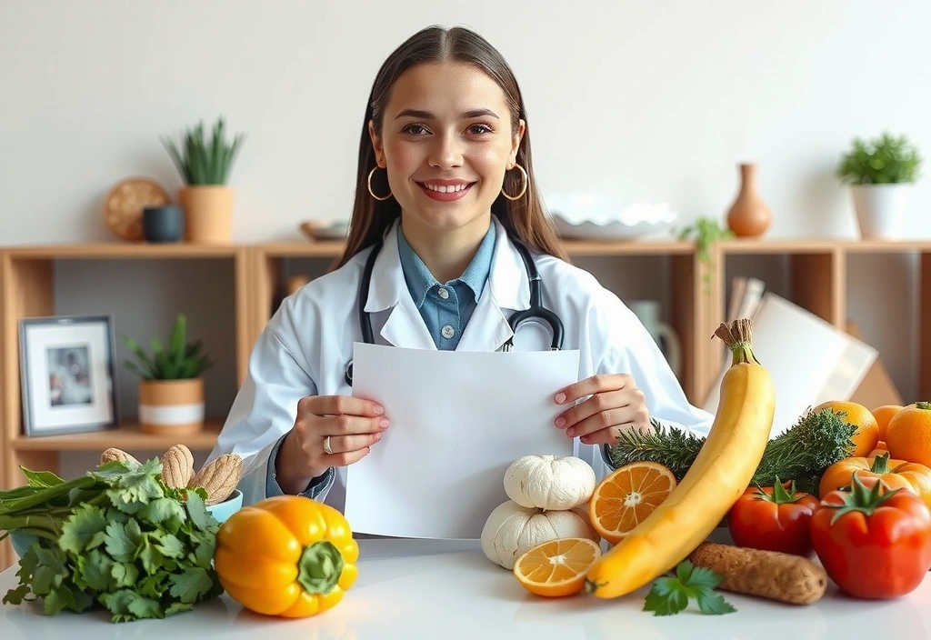Lékař se usmívá a drží záznamy o pacientech, s ilustrací specifických potravin vhodných pro dietu při cukrovce nebo celiakii.