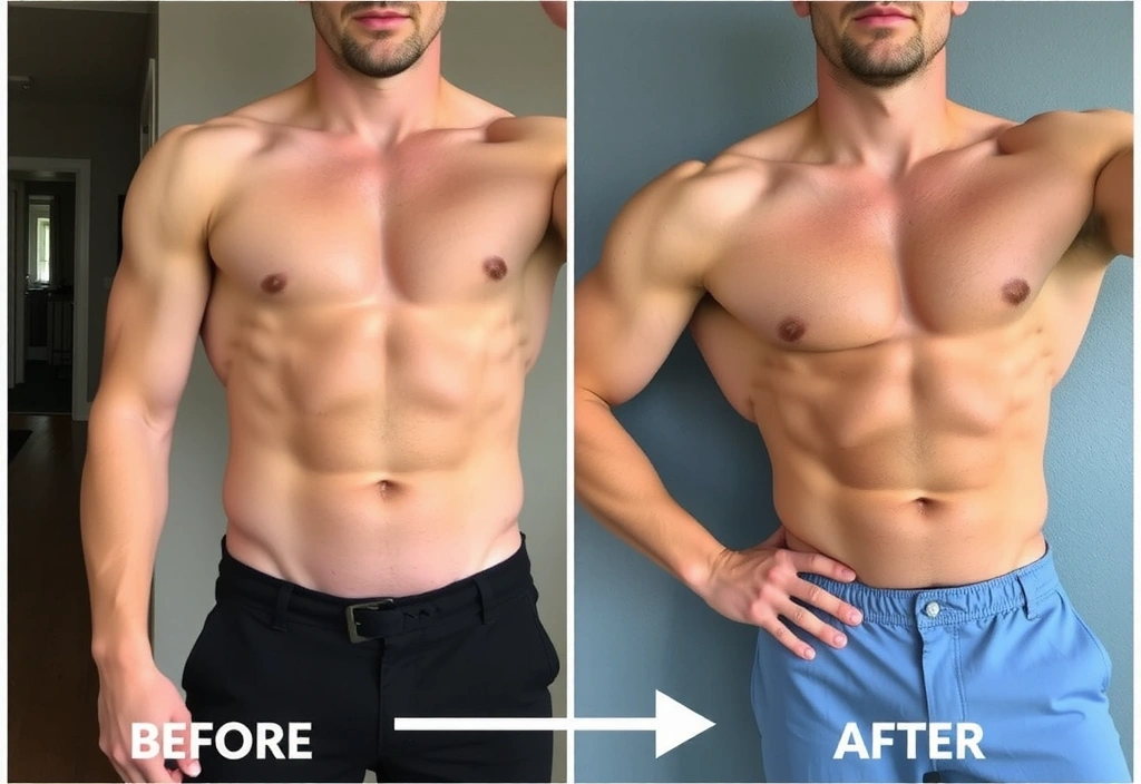 Muž s výrazným nárůstem svalové hmoty, s vizuálním grafem ukazujícím nárůst svalové hmoty a síly.