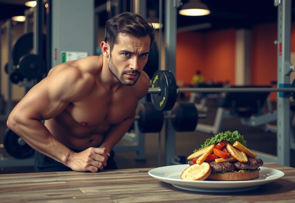 Svalnatý muž cvičící v posilovně, s ilustrací vysoce proteinového jídla v popředí.