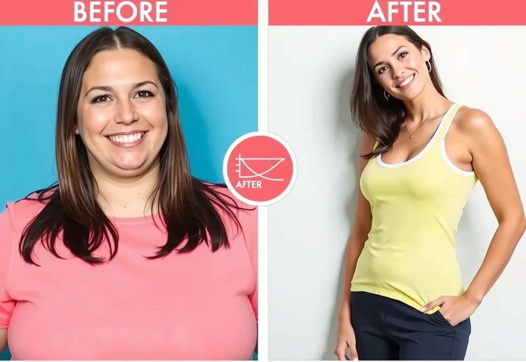 Žena se usmívá před a po transformaci hubnutí, s vizuálním grafem ukazujícím úbytek hmotnosti.
