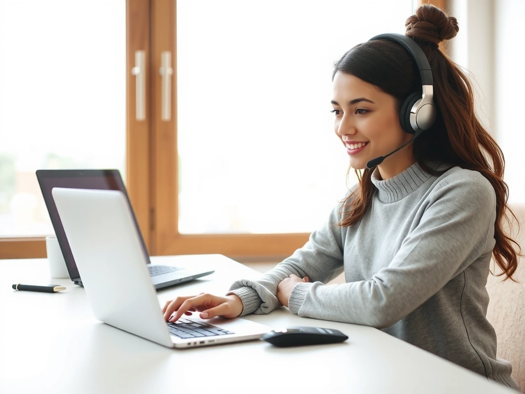 Žena s notebookem a sluchátky v příjemném prostředí, symbolizující online komunikaci a podporu na dálku.