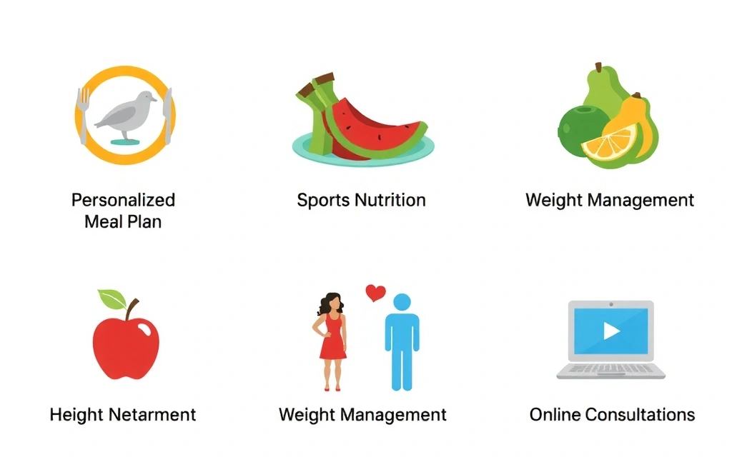 Ikony reprezentující různé výživové služby, jako je individuální plánování, sportovní výživa a online konzultace