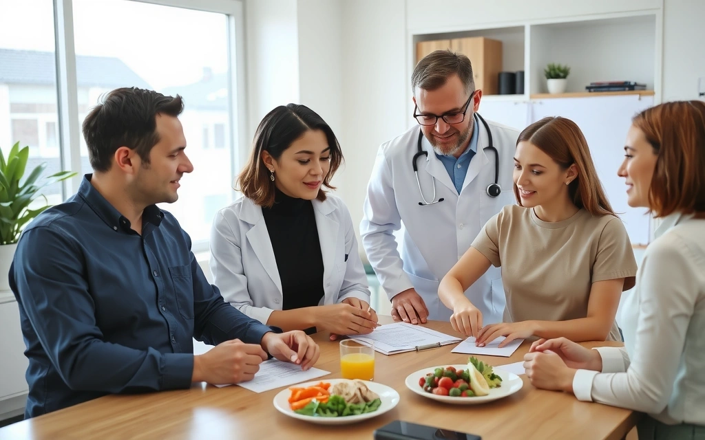 Tým odborníků na výživu diskutující o plánech